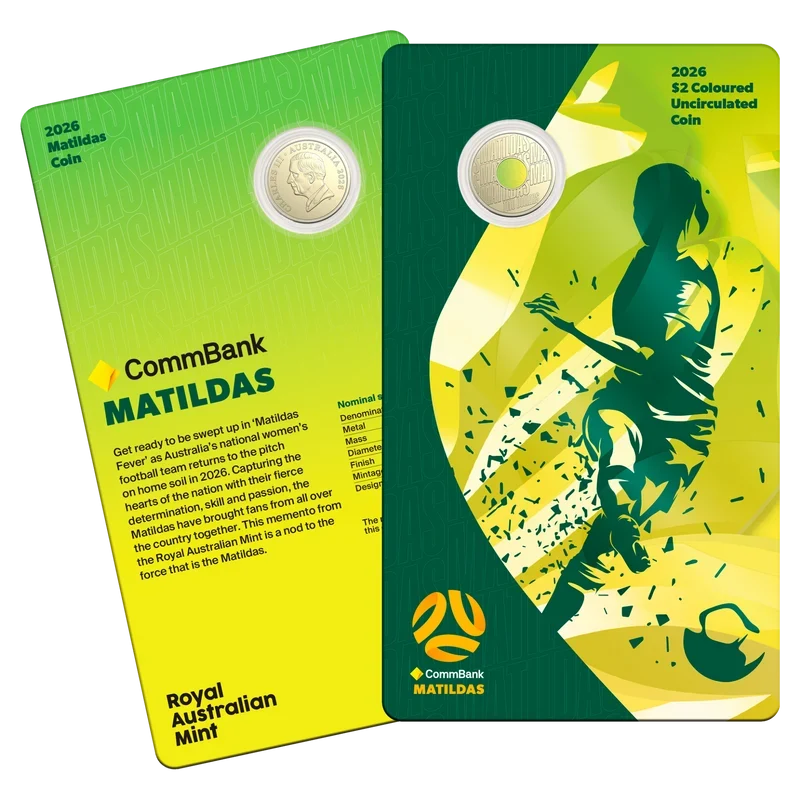 Matildas 2026 $2 Coloured Uncirculated Coin in Card  – footycoinandgifts.com.au