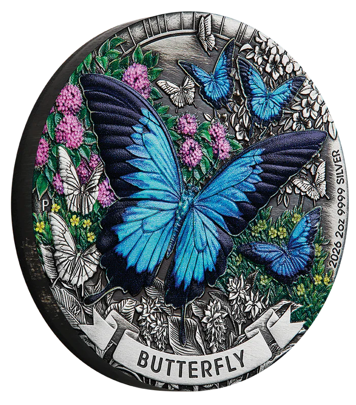 Butterfly 2026 2oz Silver Antiqued Coloured Coins – footycoinandgifts.com.au