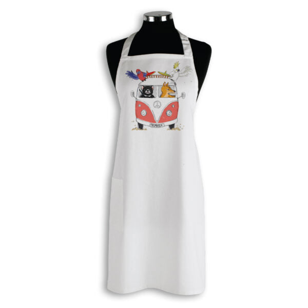 Apron Organic TLP White Kombi with Tasmanian Animals Tasmania Red