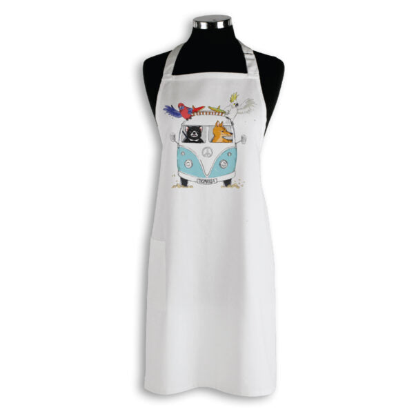 Apron Organic TLP White Kombi with Tasmanian Animals Tasmania Blue