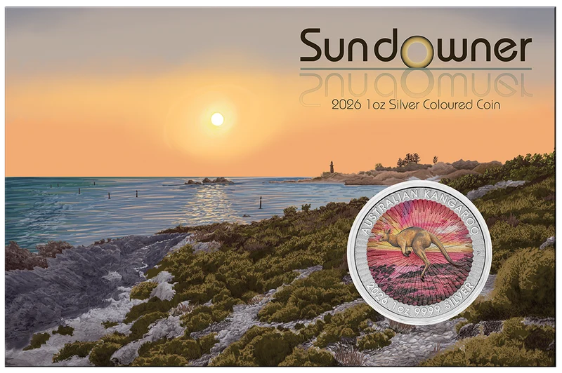 Sundowner Red Kangaroo 2026 1oz Silver Coloured Coin in Card