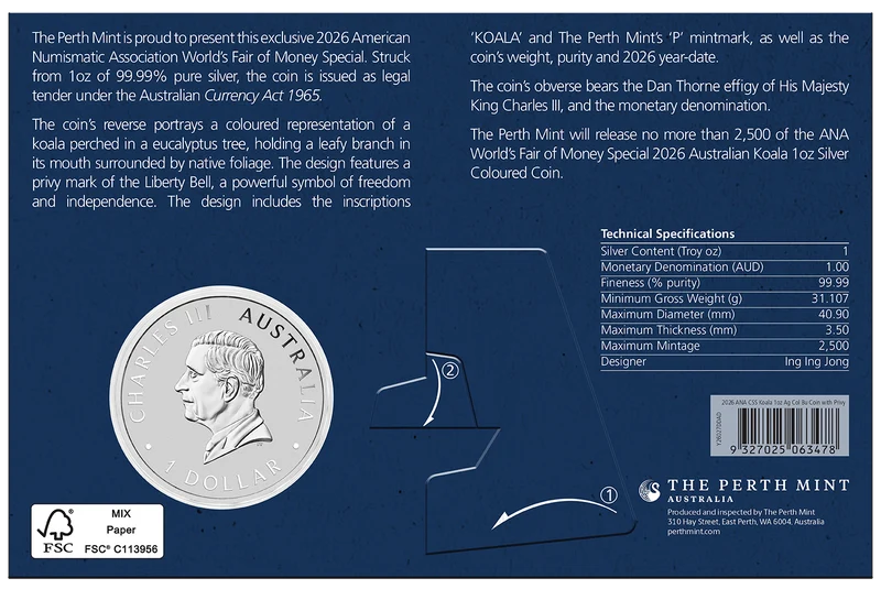 ANA Coin Show Special 2026 Koala 1oz Silver Coloured Coin with Liberty Bell Privy