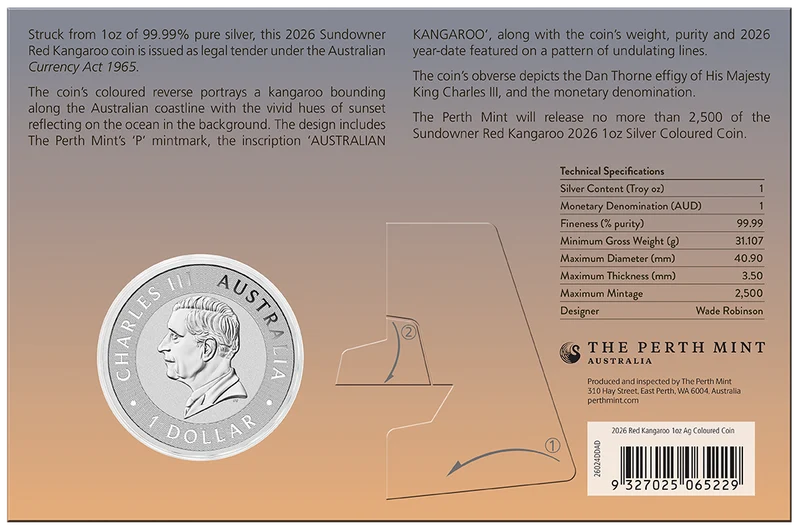 Sundowner Red Kangaroo 2026 1oz Silver Coloured Coin in Card