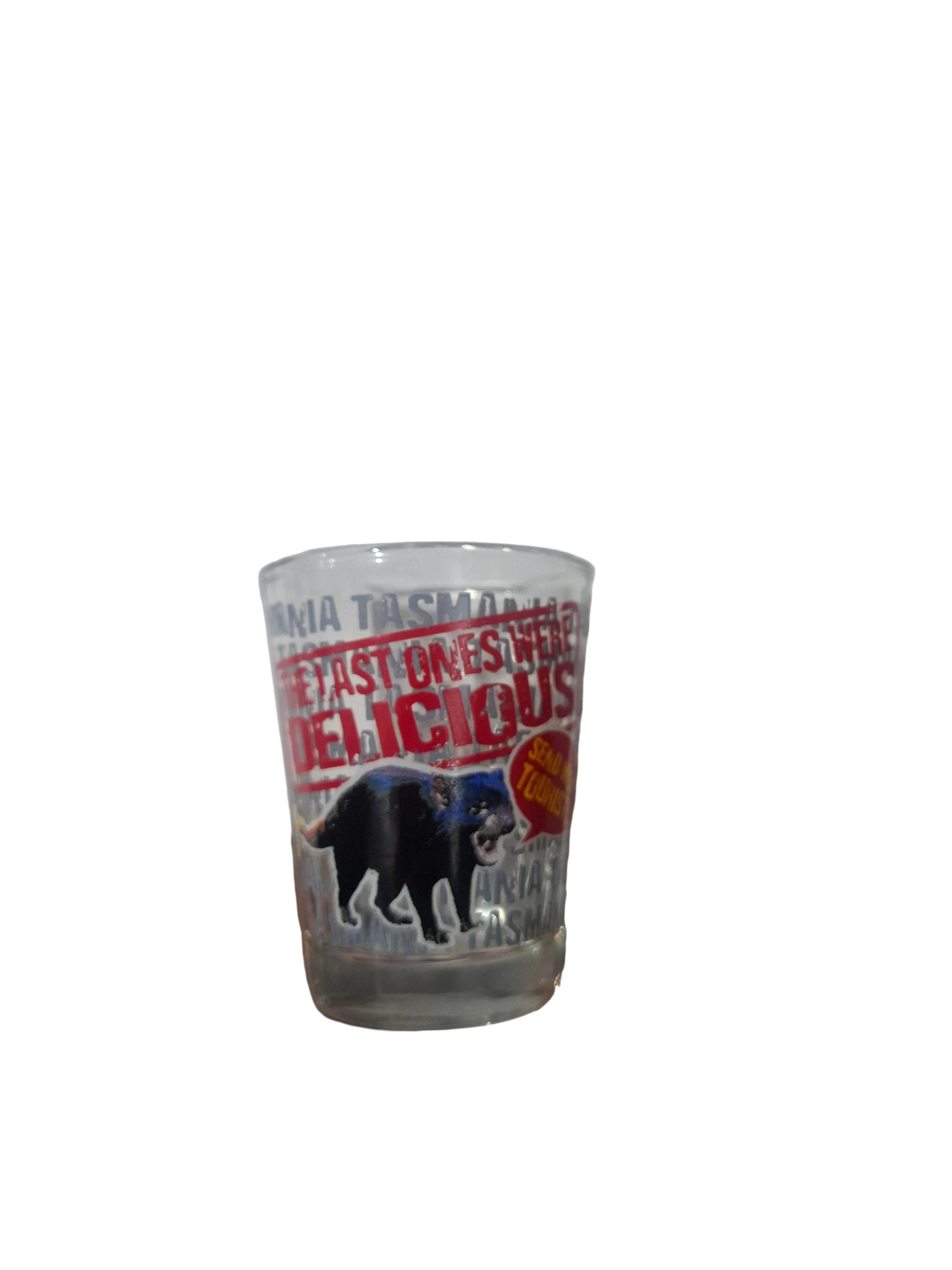 SHOT GLASS DECAL PRINTED SEND MORE TOURISTS - DELICIOUS