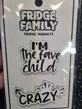 Packaging of Fridge Family fridge magnets with text on a dark textured background
