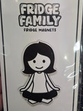 Card with 'Fridge Family' magnets and a cartoon character on a dark textured background