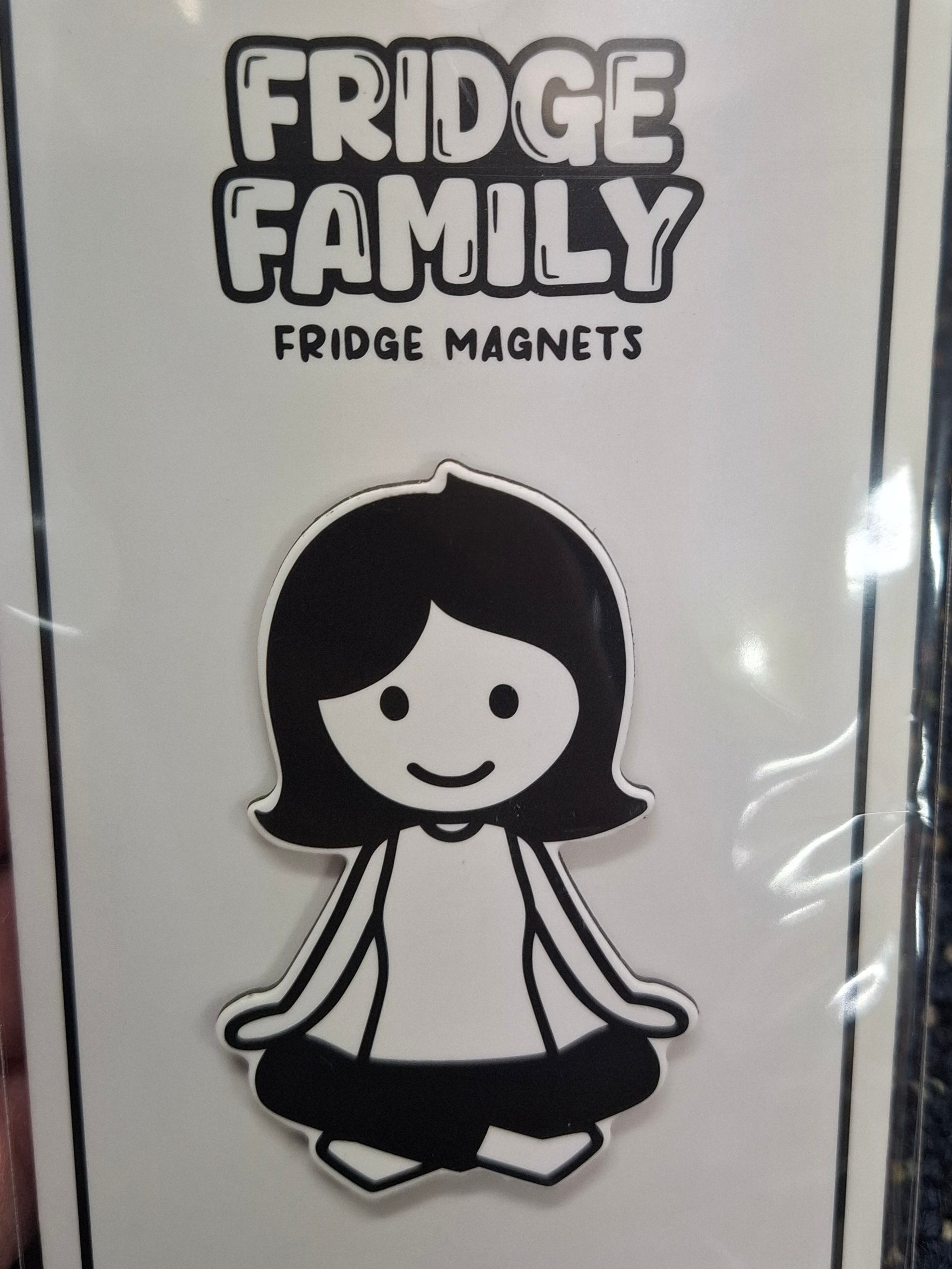 Card with 'Fridge Family' magnets and a cartoon character on a dark textured background