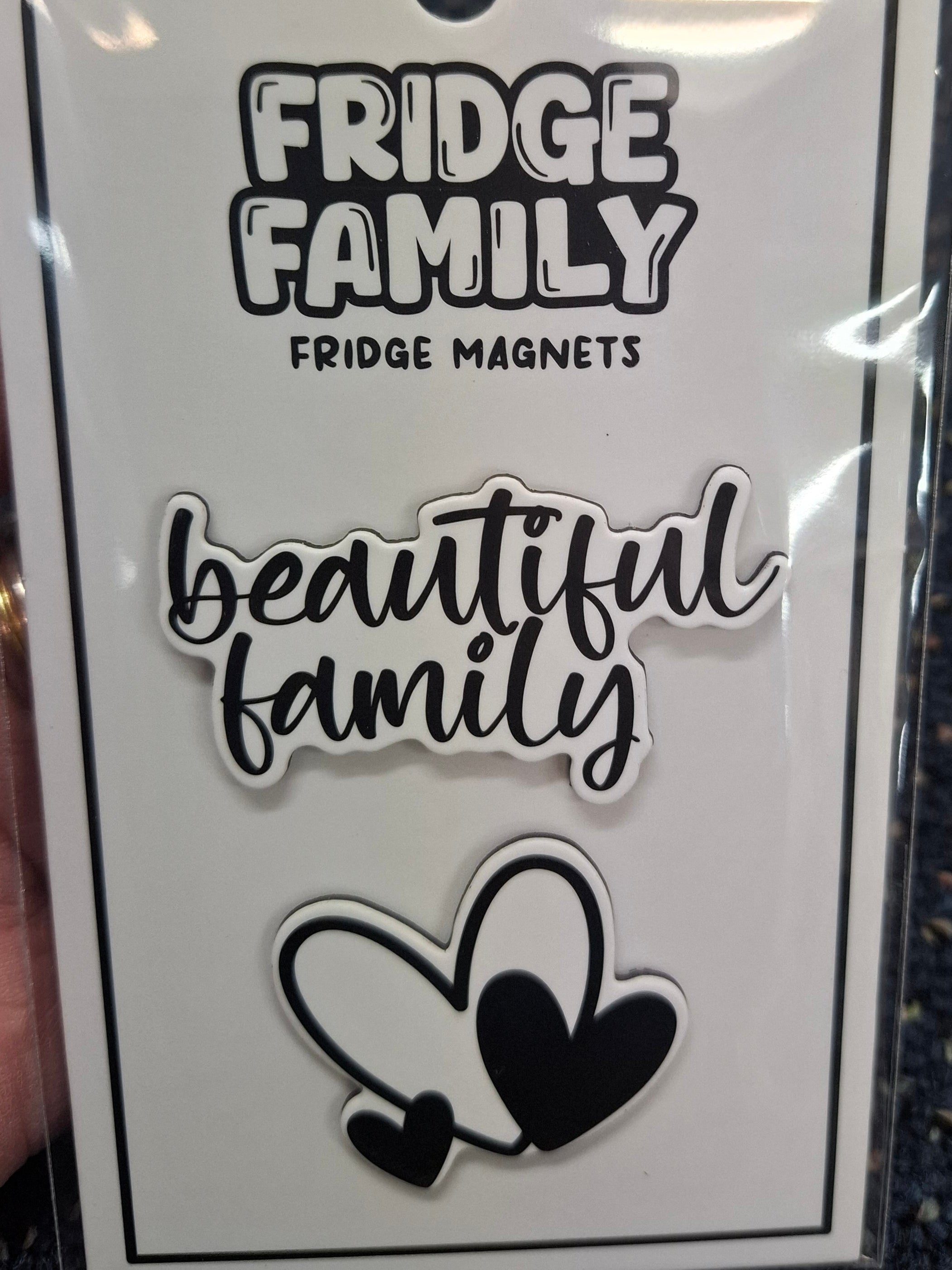 Packaging of 'Fridge Family' fridge magnets with decorative text and design.