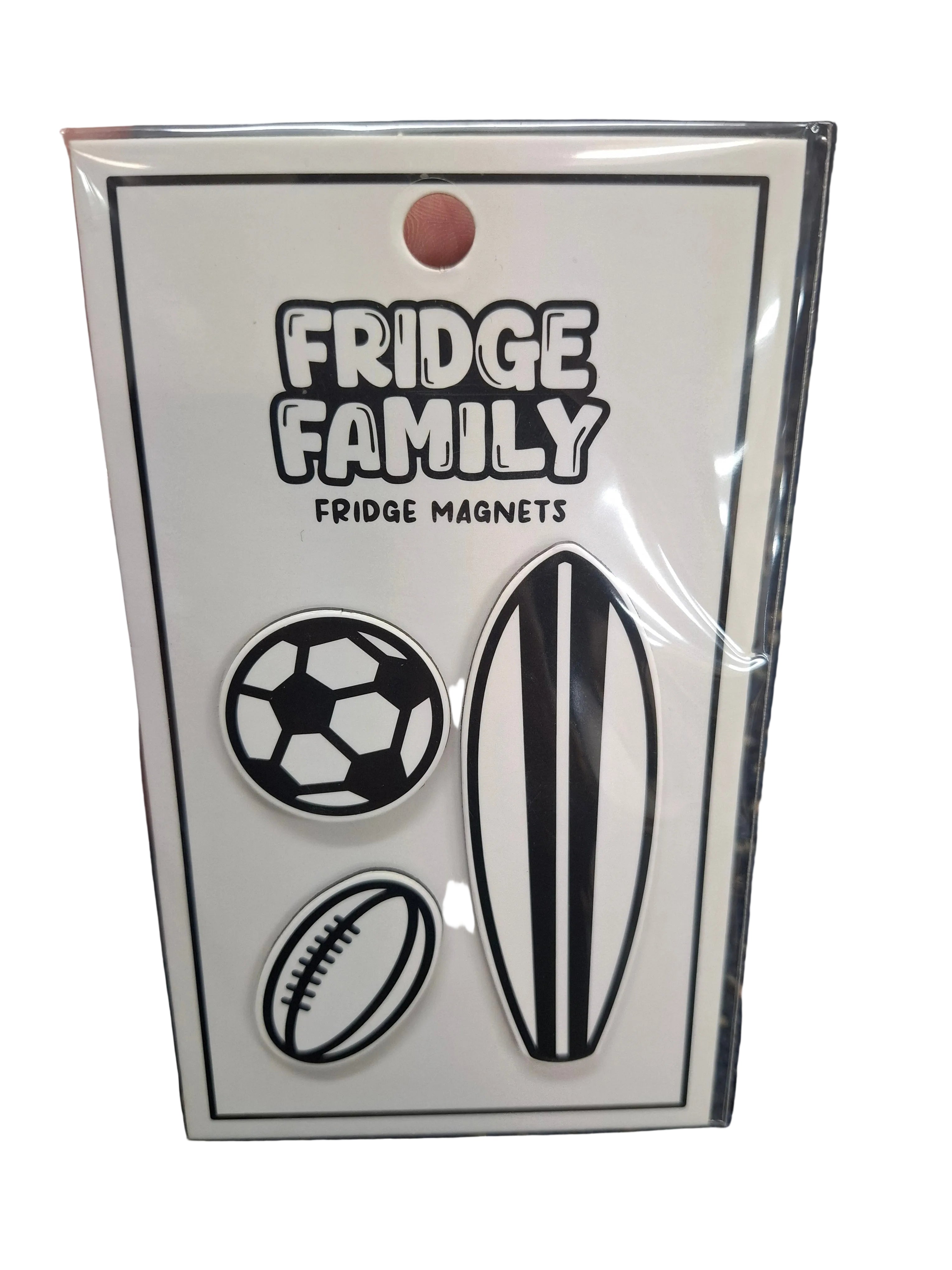Packaging of fridge magnets with sports-themed designs on a textured surface.