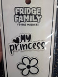 Packaging of fridge magnets with 'My Princess' design on a dark textured background