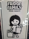 Packaging of Fridge Family fridge magnets with a black and white illustration on a clear background.
