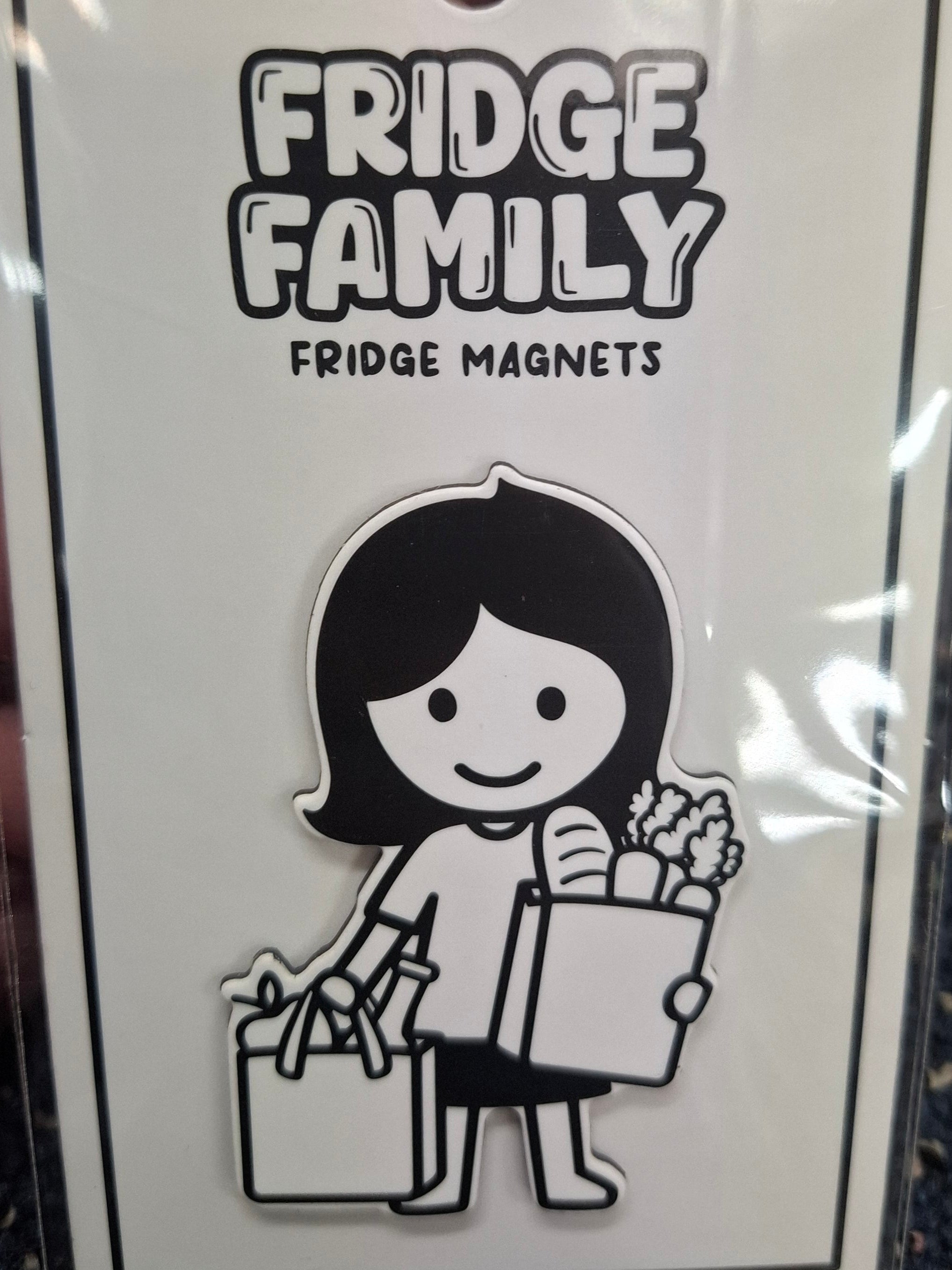 Packaging of Fridge Family fridge magnets with a black and white illustration on a clear background.