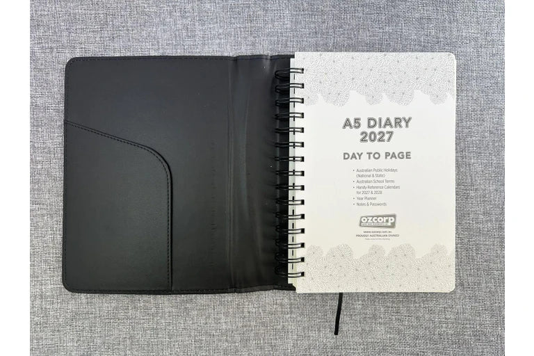 2027 Diary OzCorp Contempo A5 Day to Page Spiral Black, DA5SD1027