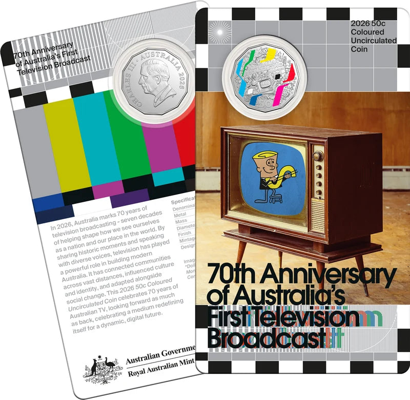 First Television Broadcast 70th Anniversary 2026 50c Coloured Uncirculated Coin in Card