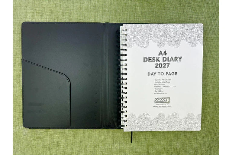 2027 Diary OzCorp Contempo A4 Day to Page Spiral Black, EA4SD1027