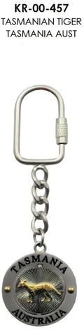 KEYRING SPIN ROUND PEWTER TASMANIA TIGER TASMANIA AUST