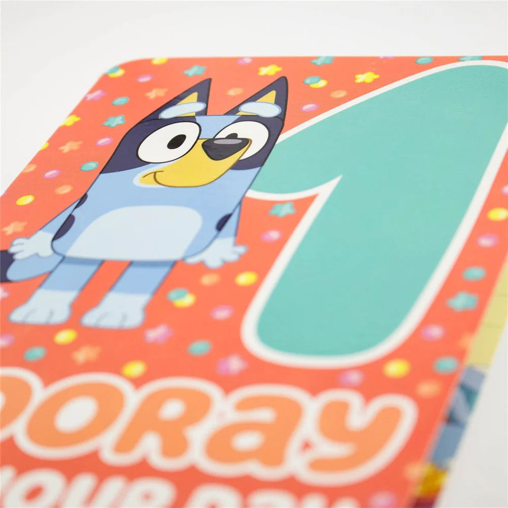 AGE 1 BLUEY STARS AND DOTS ON CORAL GREETING CARD