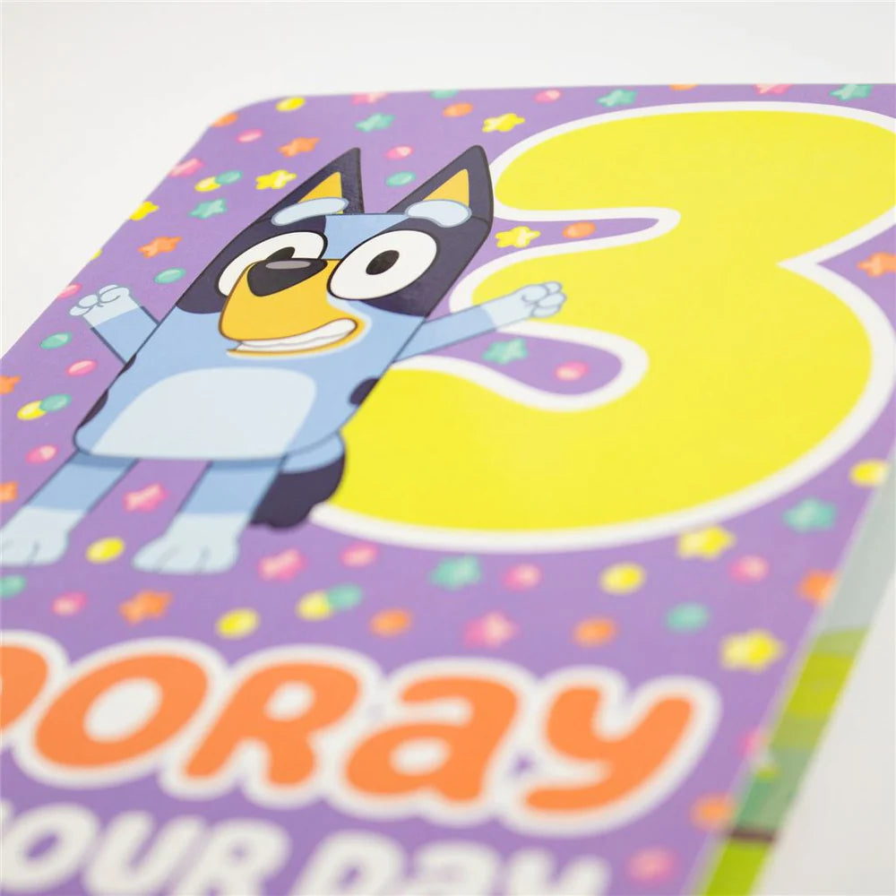 BLUEY 3RD BIRTHDAY STARS AND DOTS ON PURPLE GREETING CARD