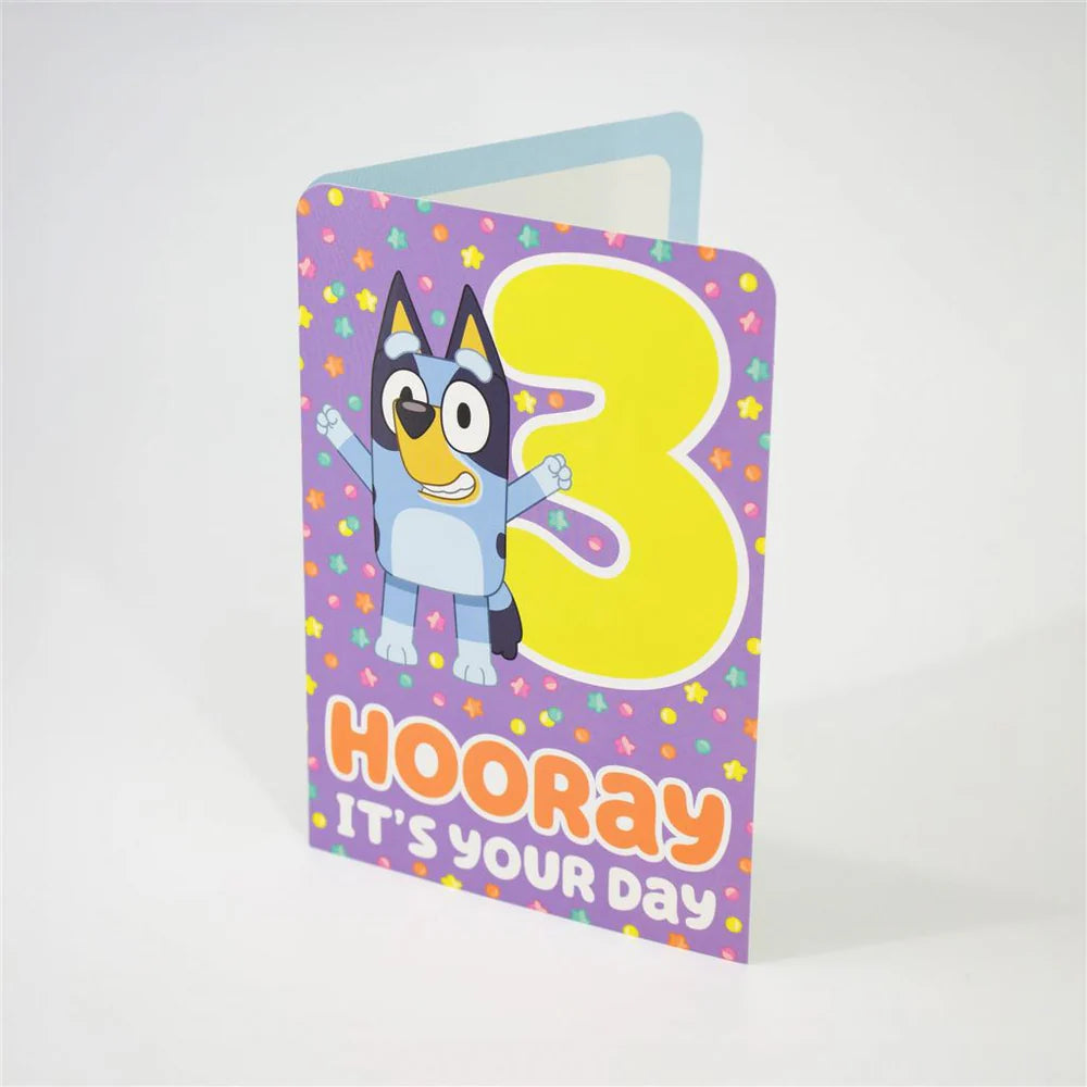 BLUEY 3RD BIRTHDAY STARS AND DOTS ON PURPLE GREETING CARD