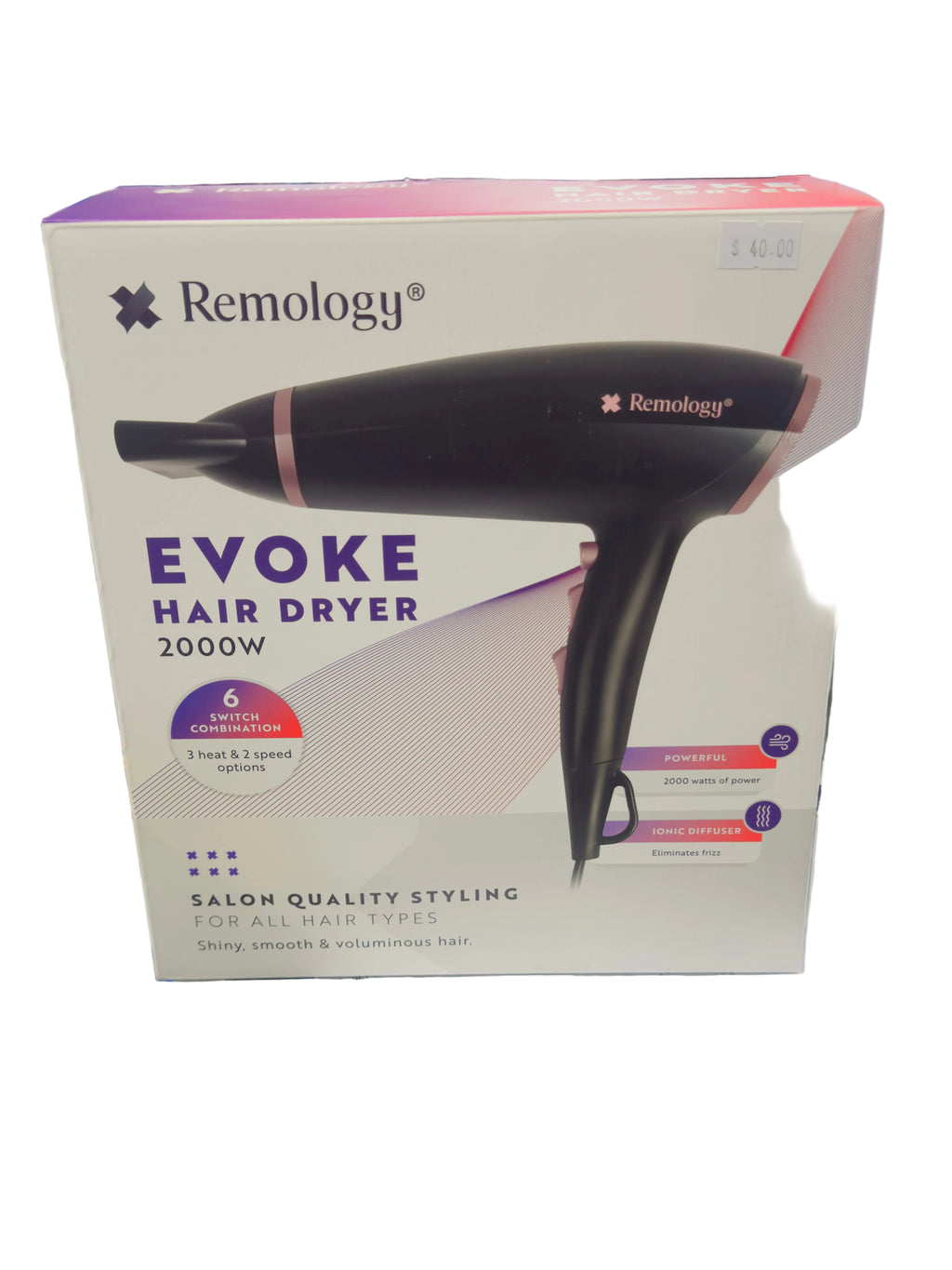 Remology Evoke hair dryer packaging on a store shelf
