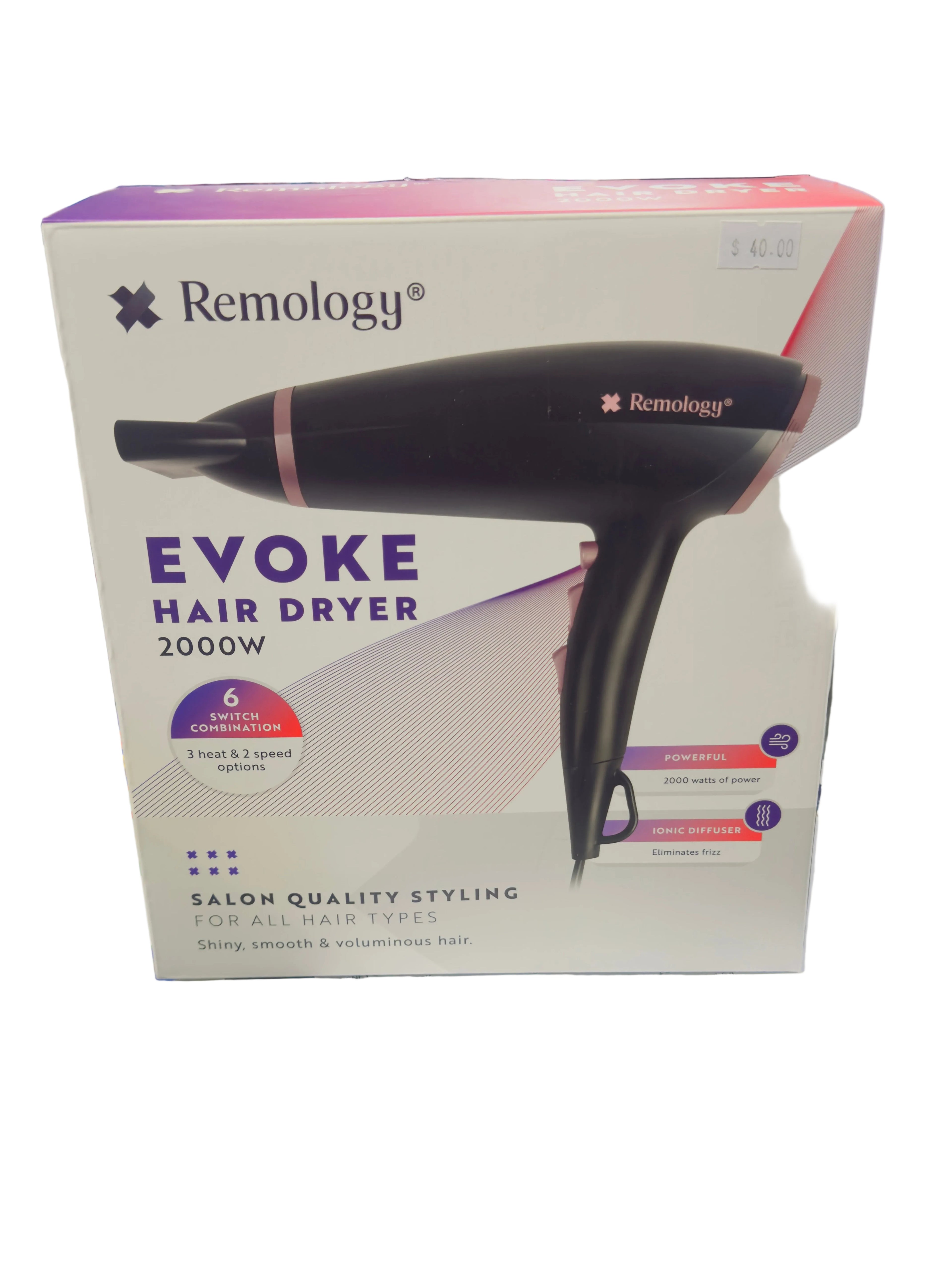 Remology Evoke hair dryer packaging on a store shelf
