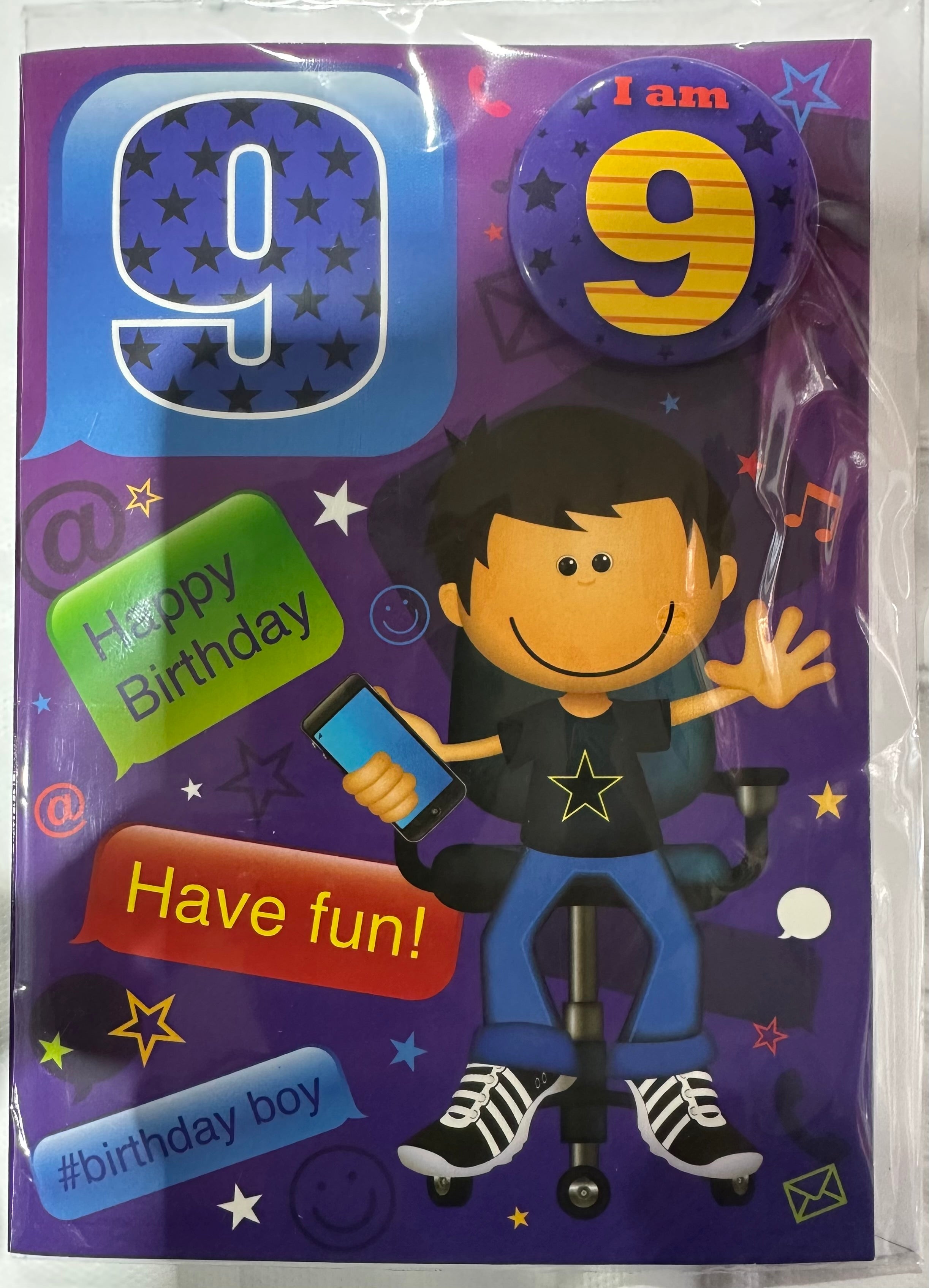 PLANET HAPPY BADGE 9 BOY BIRTHDAY CARD