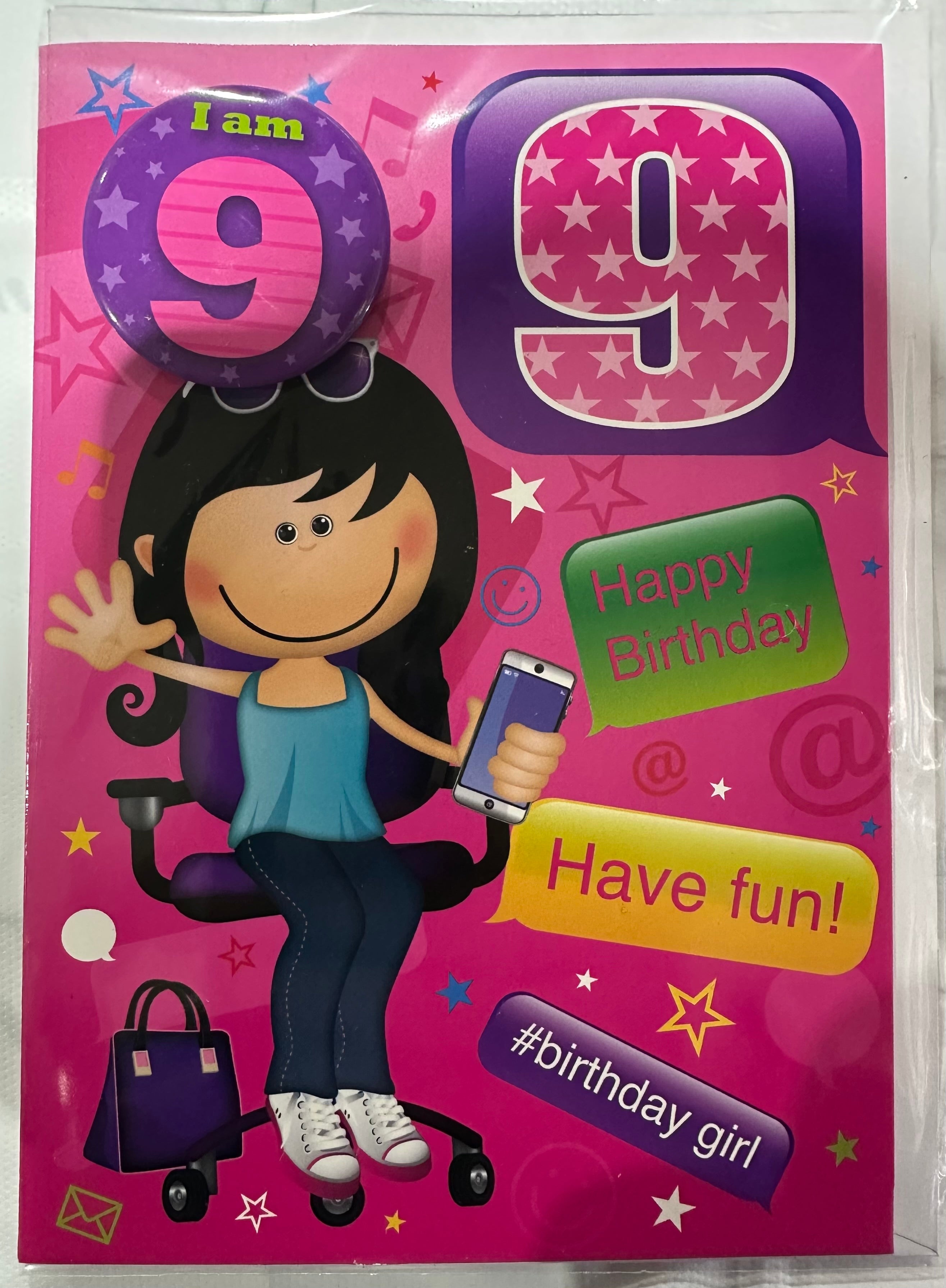 PLANET HAPPY BADGE 9 GIRL BIRTHDAY CARD
