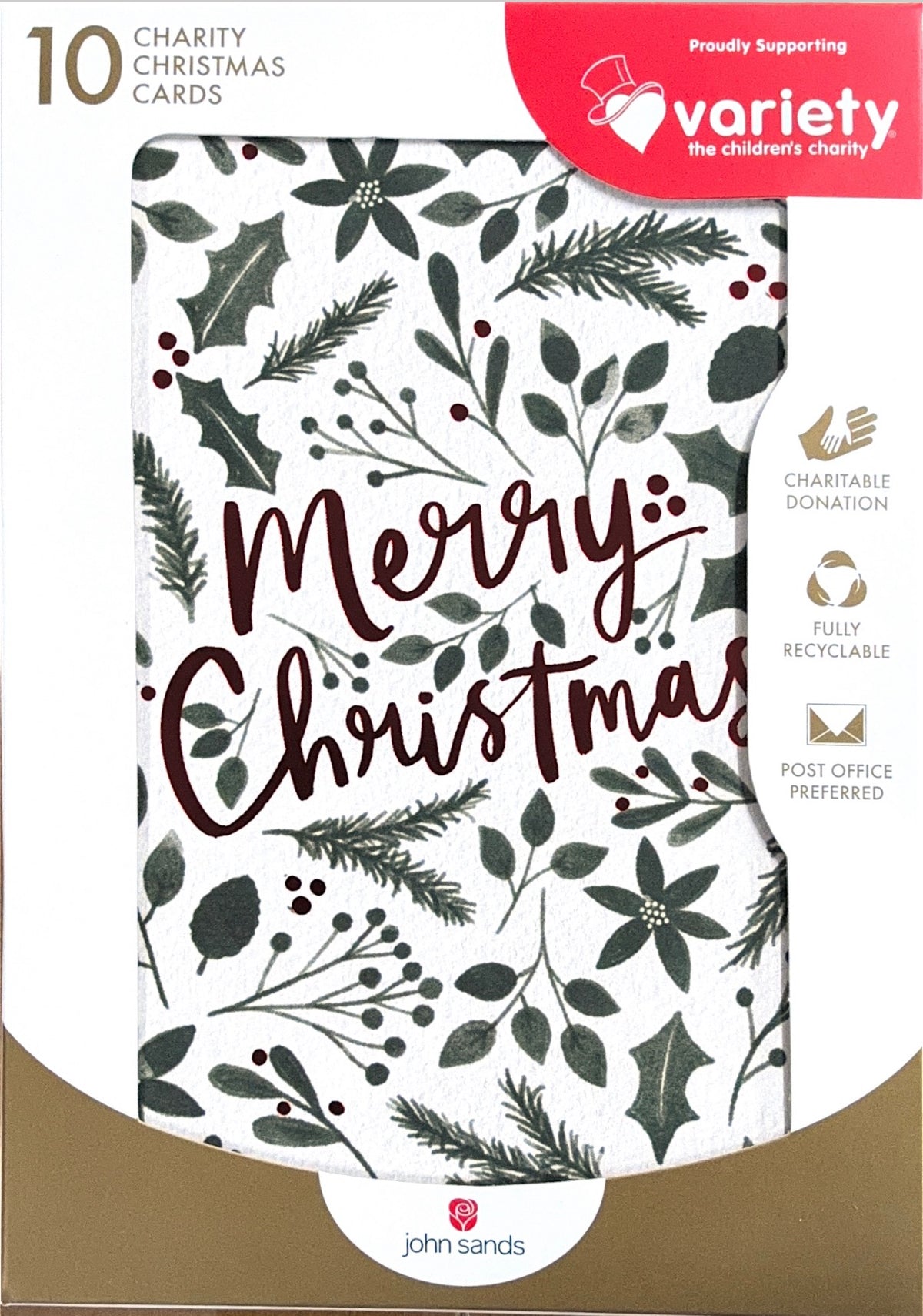 Charity Christmas Boxed Cards/ Red Merry Christmas Botanical Leaves