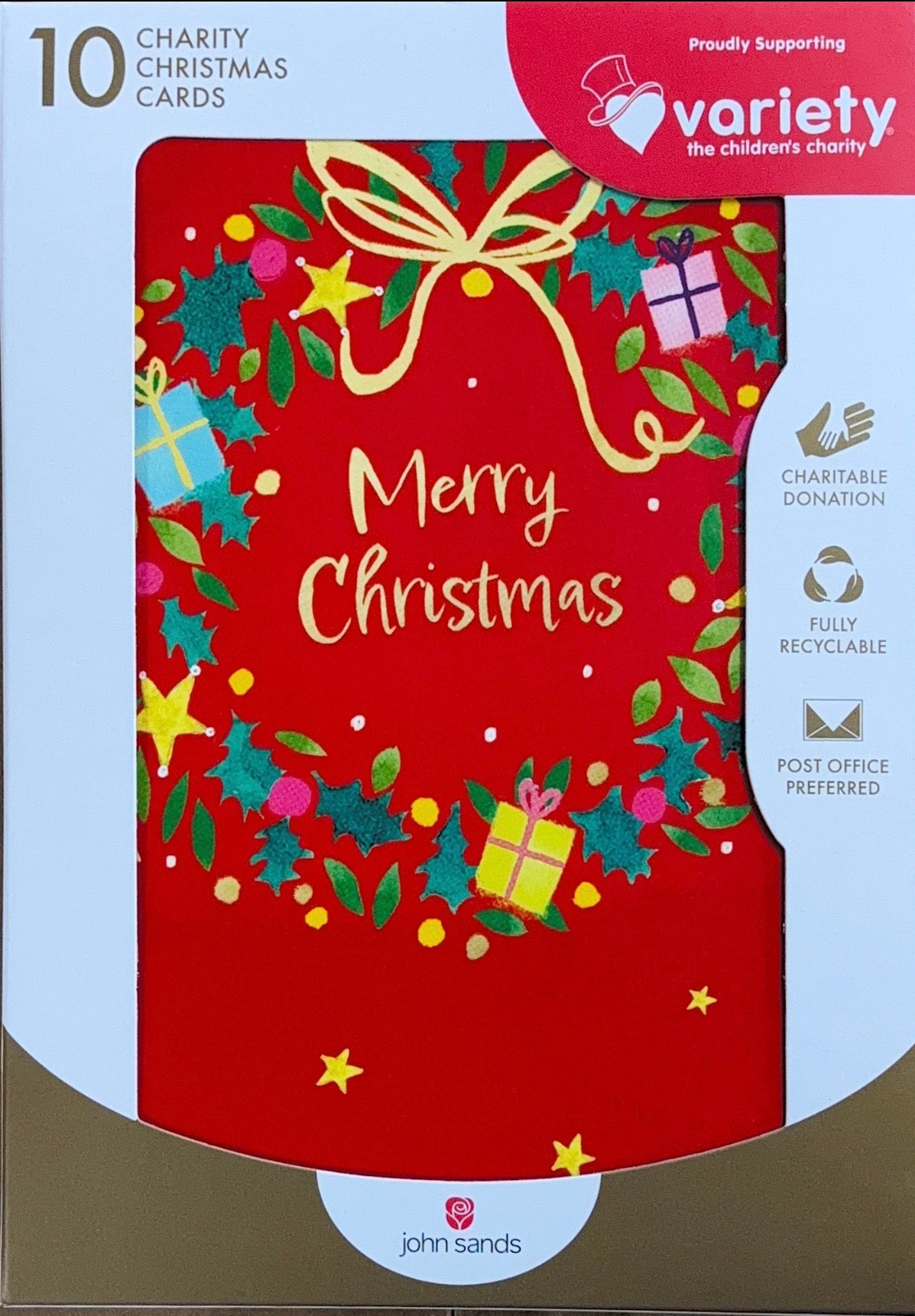 Charity Christmas Boxed Cards/ Red Background Leafy Wreath