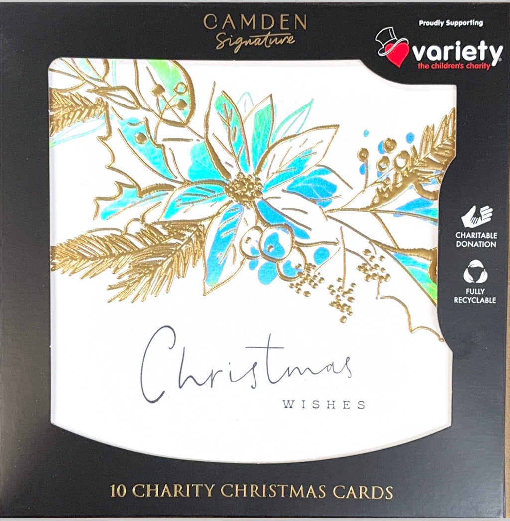Charity Christmas Boxed Cards/ Gold Foil Teal Poinsettia Variety