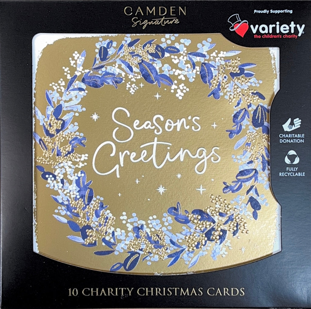 Charity Christmas Boxed Cards/ Gold Foil Blue Wreath Variety