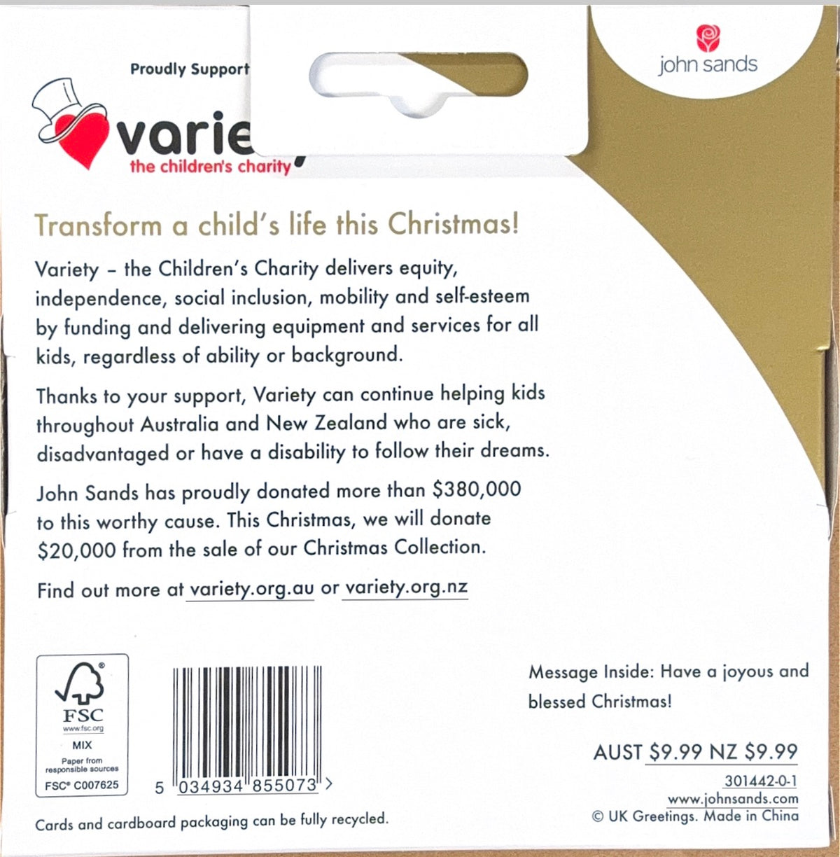Charity Christmas Boxed Cards/ Peace &amp; Joy Dove