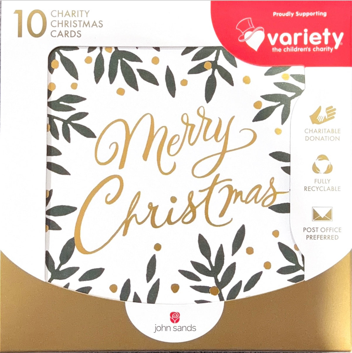 Charity Christmas Boxed Cards/ Gold Cursive Merry Christmas