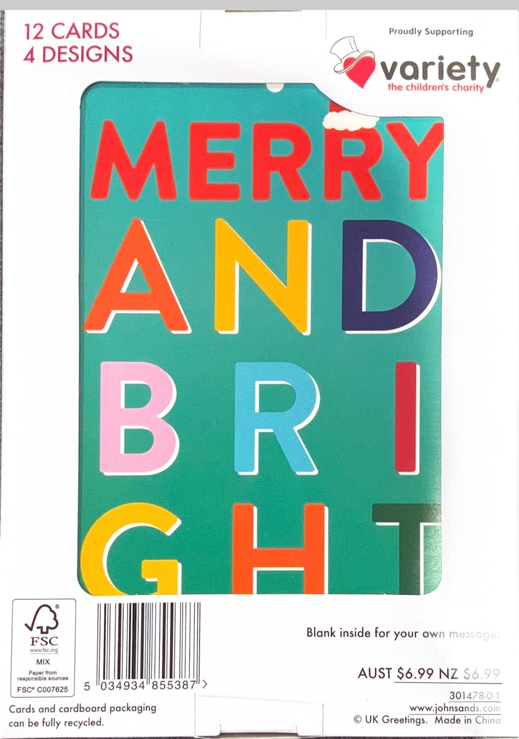 Charity Christmas Boxed Cards/ Merry &amp; Bright Typography