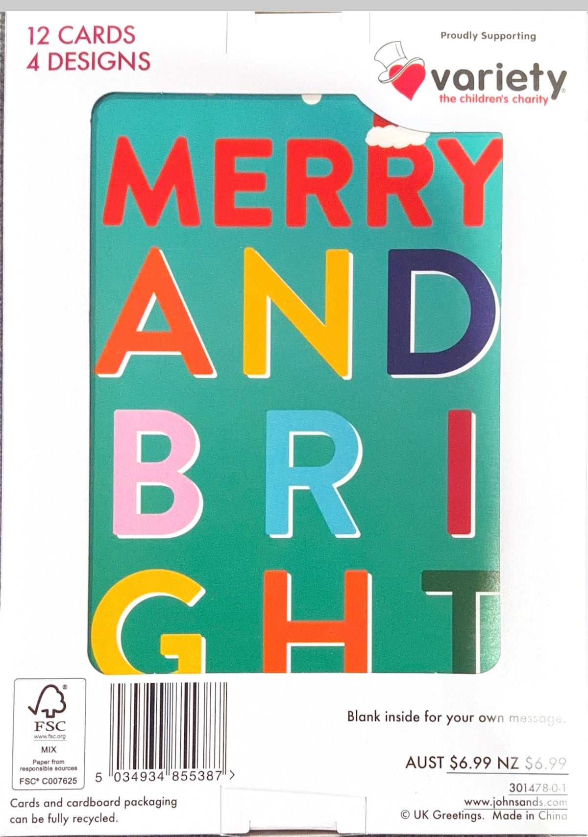 Charity Christmas Boxed Cards/ Merry &amp; Bright Typography