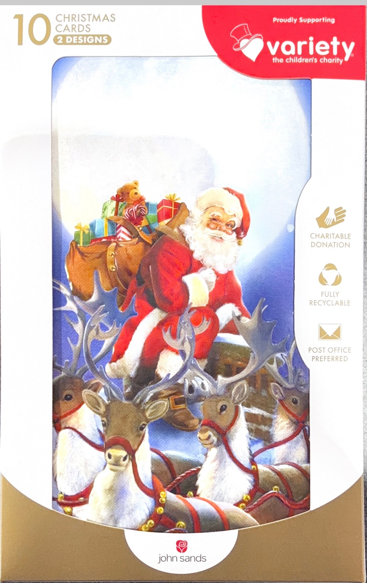 Charity Christmas Boxed Cards/ Traditional Santa &amp; Reindeer Sleigh