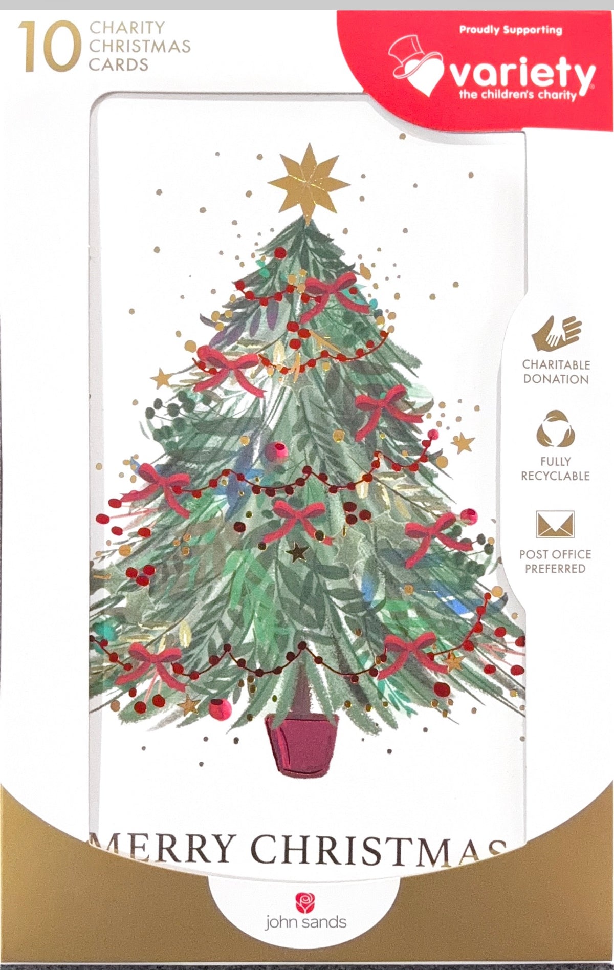 Charity Christmas Boxed Cards/ Merry Christmas Tree Red Ribbons