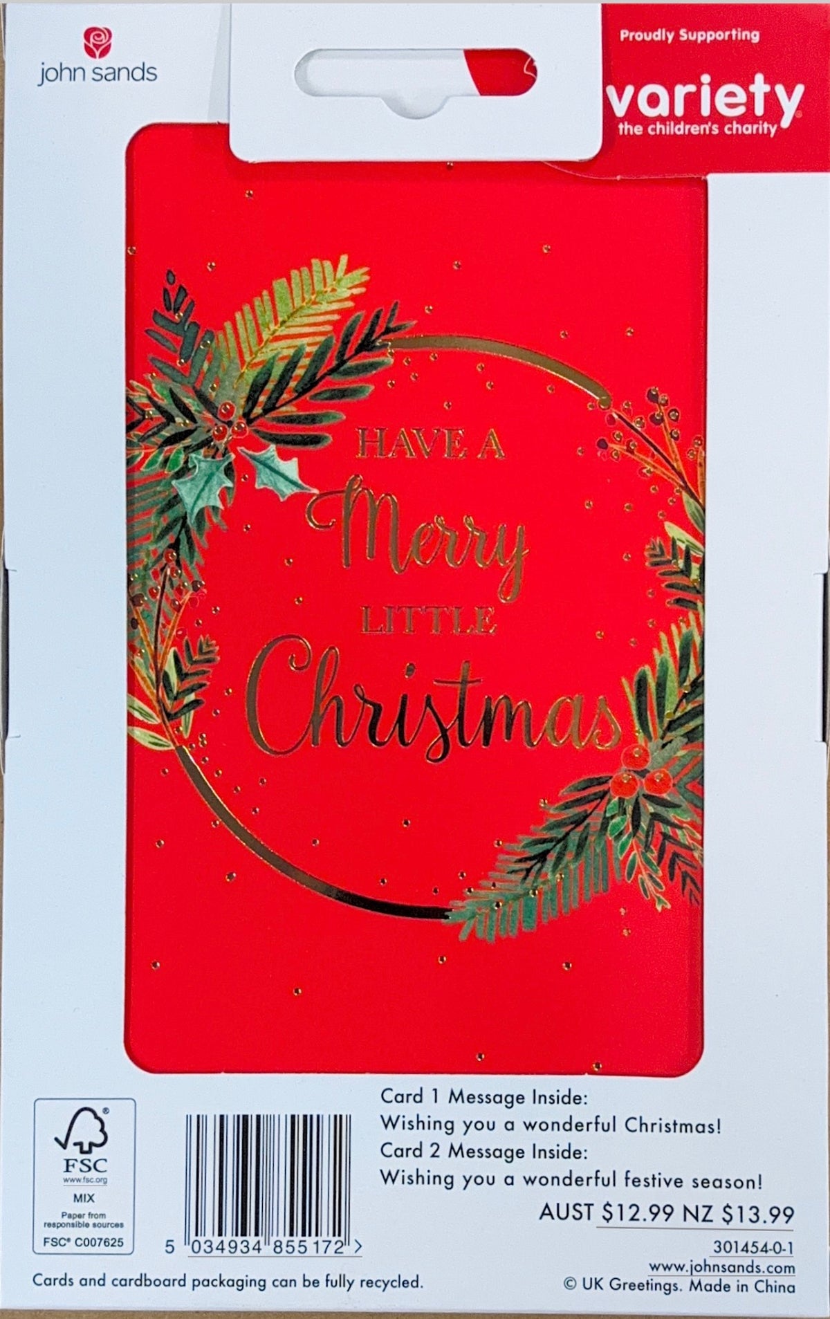 Charity Christmas Boxed Cards/ Wreath Seasons Greetings