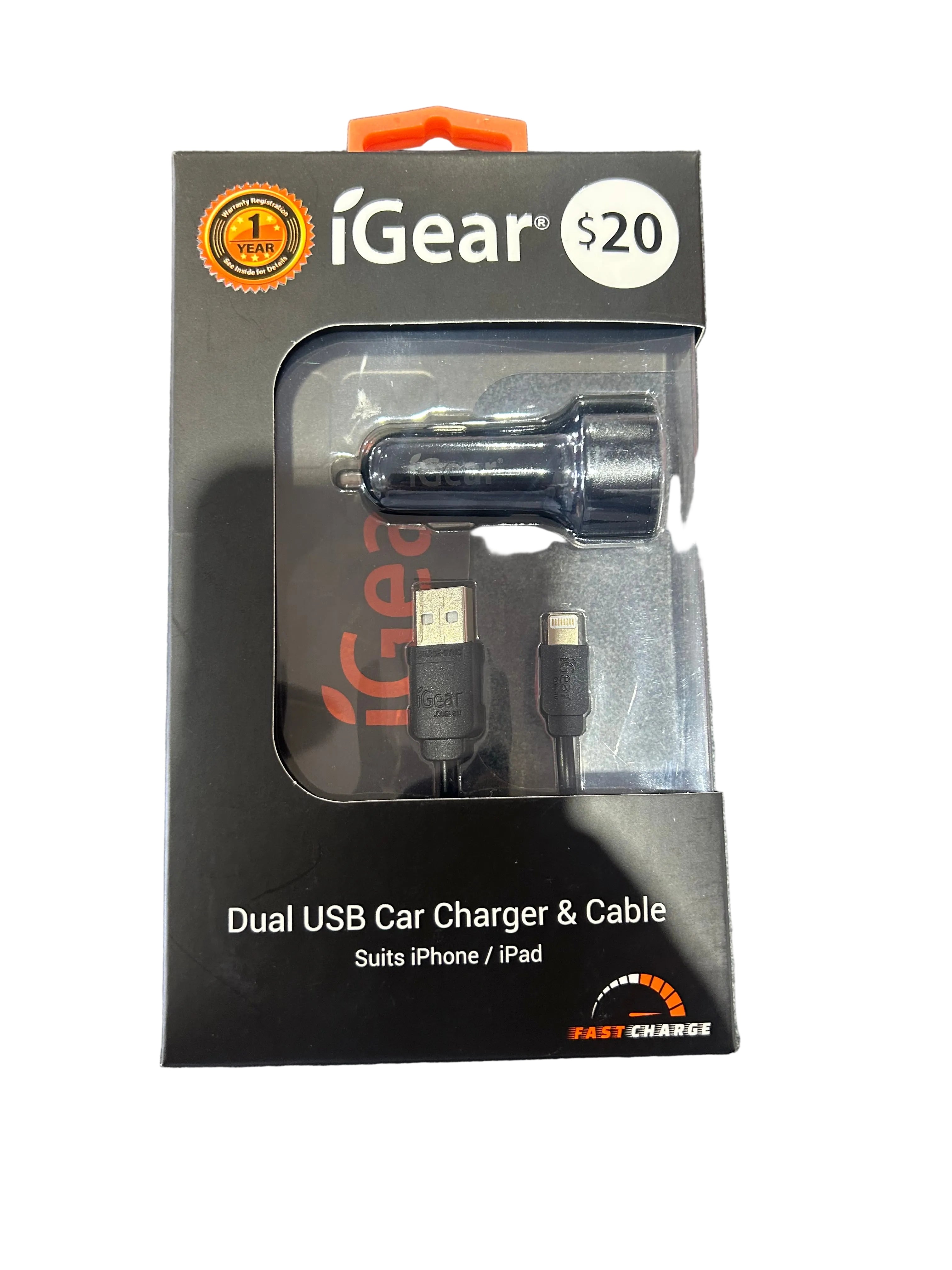 IGEAR USB CAR CHARGER & CABLE BLACK