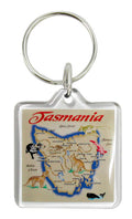 KEYRING SQUARE ACRYLIC MAP OF TASMANIA BROWN