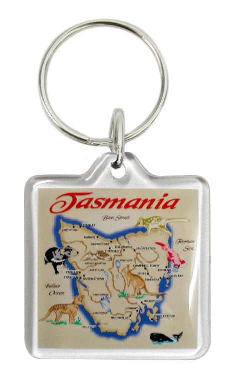 KEYRING SQUARE ACRYLIC MAP OF TASMANIA BROWN