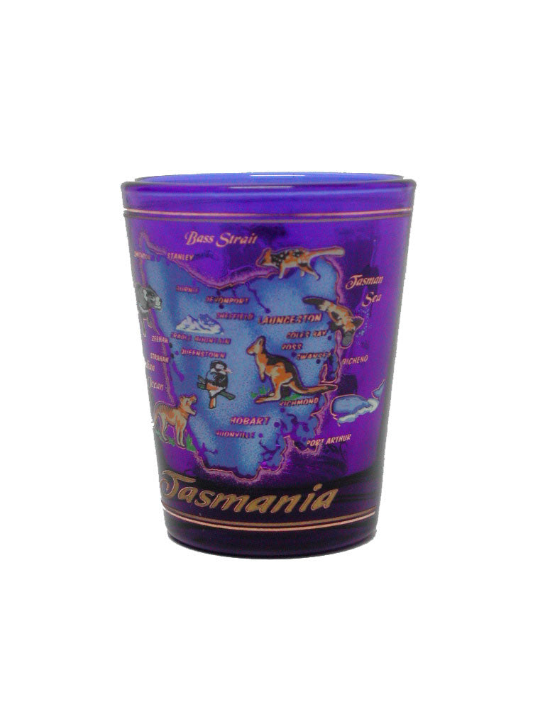 SHOT GLASS COBALT GOLD PRINTED MAP OF TASMANIA COBALT