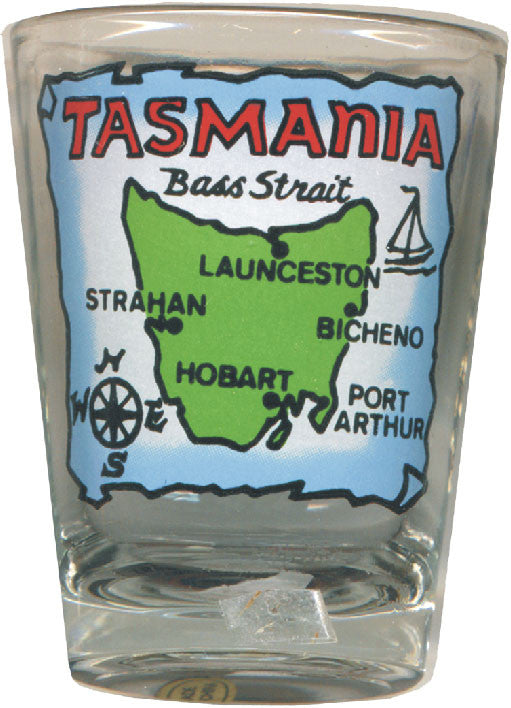 SHOT GLASS PRINTED GREEN MAP OF TASMANIA
