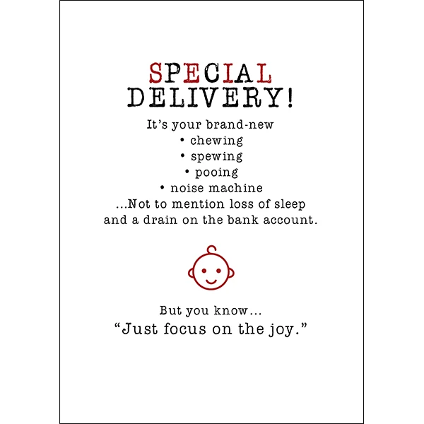 X88 - Special delivery! It's your brand new chewing, spewing, pooing noise machine. - rude baby card