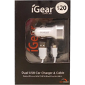 IGEAR DUAL USB CAR CHARGER & CABLE WHITE