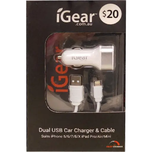IGEAR DUAL USB CAR CHARGER & CABLE WHITE